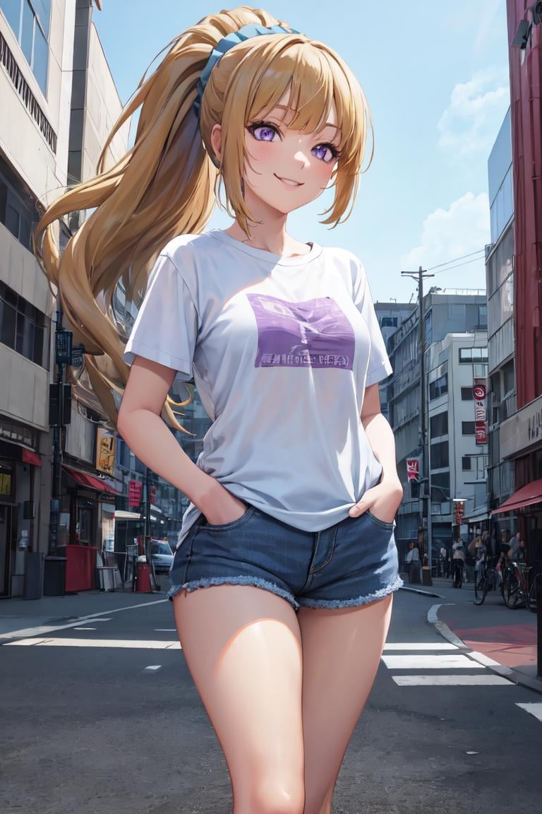 masterpiece, best quality, absurdres, perfect anatomy, 1girl, solo, KeiKaruizawa, purple eyes, hair scrunchie, ponytail, t-shirt, denim shorts, standing, outdoors, city, hands in pockets, smile, <lora:KeiKaruizawa:1>