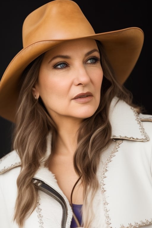 portrait of ehud,  portrait of a stunning white female cowgirl beauty,  ultra realistic,  beautiful detailed face,  cowboy hat,  leather jacket,  beautiful big eyes,  8k,  highest resolution,  photo realistic,  sharp focus