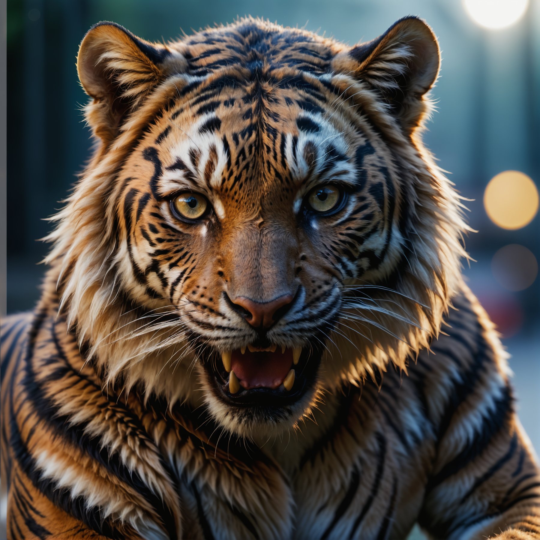 face portrait from a antro  furry  tiger male with visible fangs RAW candid cinema, 16mm, color graded portra 400 film, remarkable color, ultra realistic, textured skin, remarkable detailed pupils, realistic dull skin noise, visible skin detail, skin fuzz, dry skin, shot with cinematic camera, high quality photography, 3 point lighting, flash with softbox, 4k, Canon EOS R3, hdr, smooth, sharp focus, high resolution, award winning photo, 80mm, f2.8, bokeh