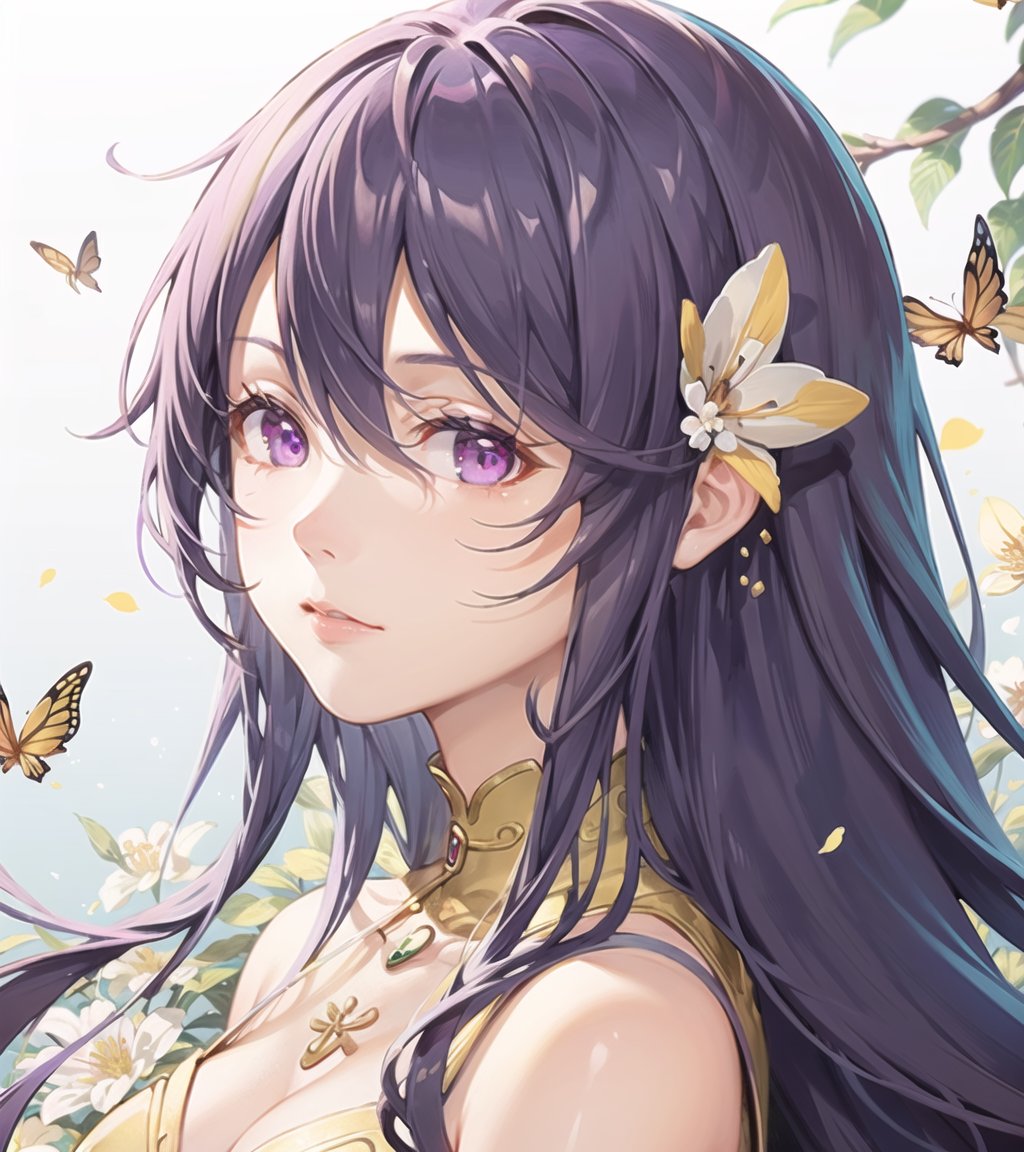 original, (masterpiece), (illustration), (extremely fine and beautiful), perfect detailed, photorealistic, (beautiful and clear background:1.25), (depth of field:0.7), 1girl, moqingxian,flowers, butterflys flying around, beautiful and aesthetic, intricate light, manga and anime,
purple hair,hair flower,purple eyes, 