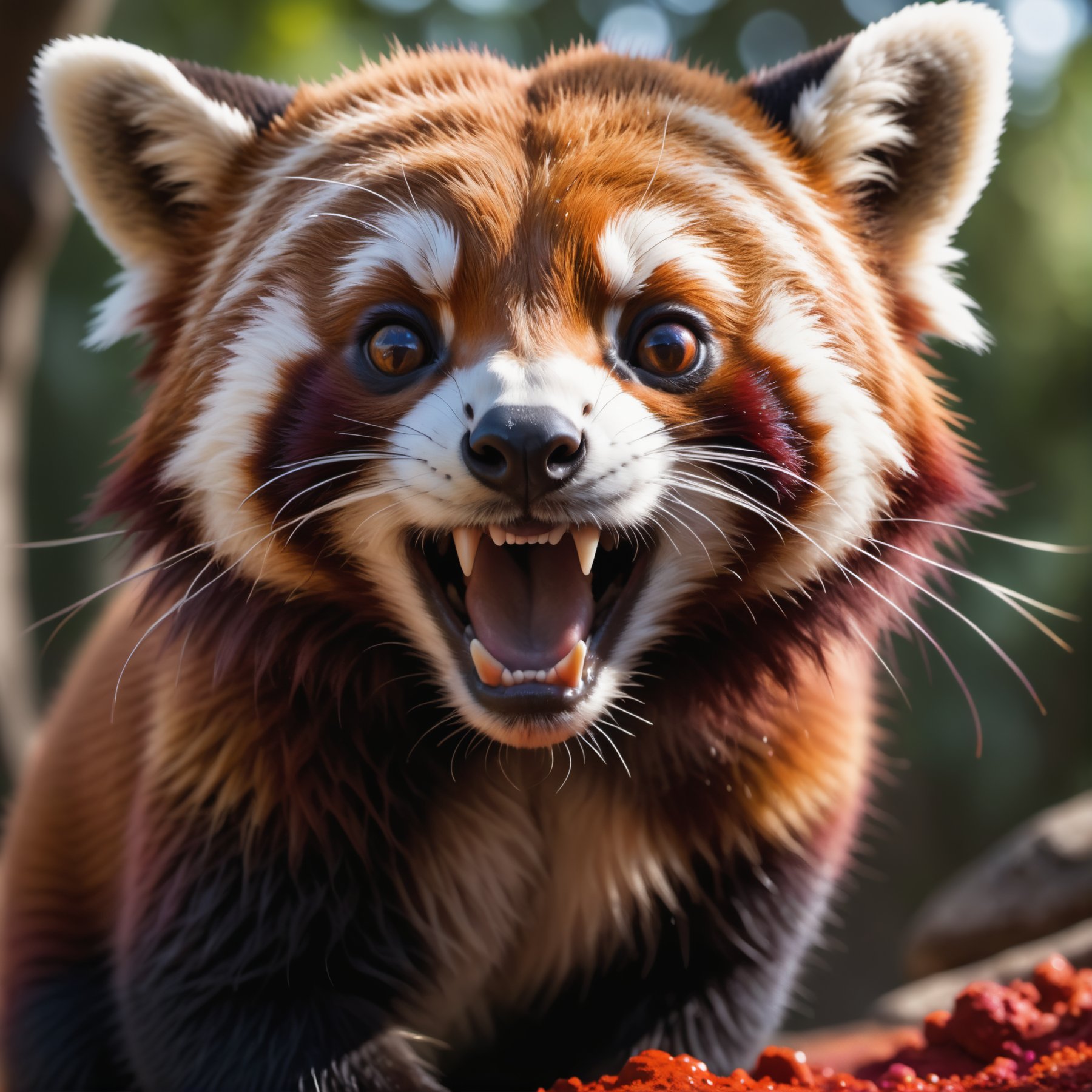 cinematic film still closeup of an detailed  cute red panda, fangs,  covered in holi colors . shallow depth of field, vignette, highly detailed, high budget, bokeh, cinemascope, moody, epic, gorgeous, film grain, grainy