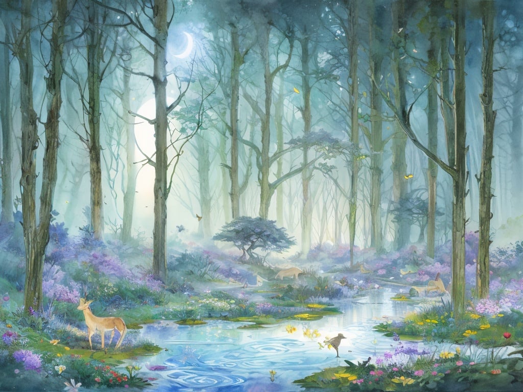 master piece,best quality,8k wallpaper,traditional media,watercolor,colorful,highres,deer,horse,unicorn,full moon,lake,grove,Dreamy forest,fantasy forest,fantasy animals,birds,nature,tree,water,forest,reflection,<lora:WatercolorFantasy_v2:1>,moody lighting,Tyndall effect,light leaks,floral_background,flower_bloom,lily,lotus,(detailed light),feather,leaves,nature,(sunlight),river,(forest),(bloom),, masterpiece, best quality,