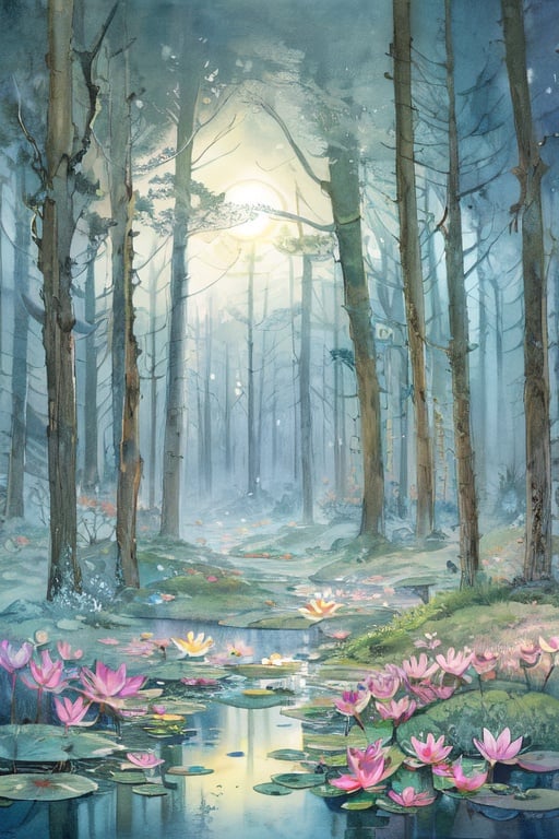 master piece,best quality,8k wallpaper,traditional media,watercolor,colorful,highres,full moon,lake,grove,Dreamy forest,fantasy forest,fantasy animals,birds,nature,tree,water,forest,reflection,<lora:WatercolorFantasy_v2:1>,moody lighting,Tyndall effect,light leaks,floral_background,flower_bloom,lily,lotus,, masterpiece, best quality,