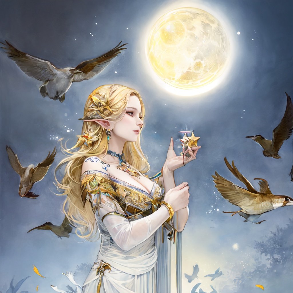 master piece,best quality,8k wallpaper,traditional media,watercolor,colorful,highres,portrait,upper body,bust,close-up,(((1girl))),looking_at_viewer,elf,blonde hair,long hair,long dress,fantasy animals,birds,nature,<lora:WatercolorFantasy_v2:1>,light dust,full moon,moody lighting,Tyndall effect,light leaks,, masterpiece, best quality,