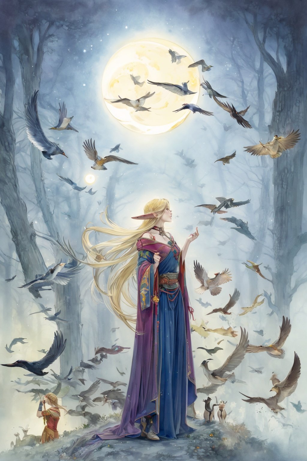 master piece,best quality,8k wallpaper,traditional media,watercolor,colorful,highres,(((1girl))),elf,blonde hair,long hair,long dress,fantasy animals,birds,nature,<lora:WatercolorFantasy_v2:1>,light dust,full moon,moody lighting,Tyndall effect,light leaks,, masterpiece, best quality,