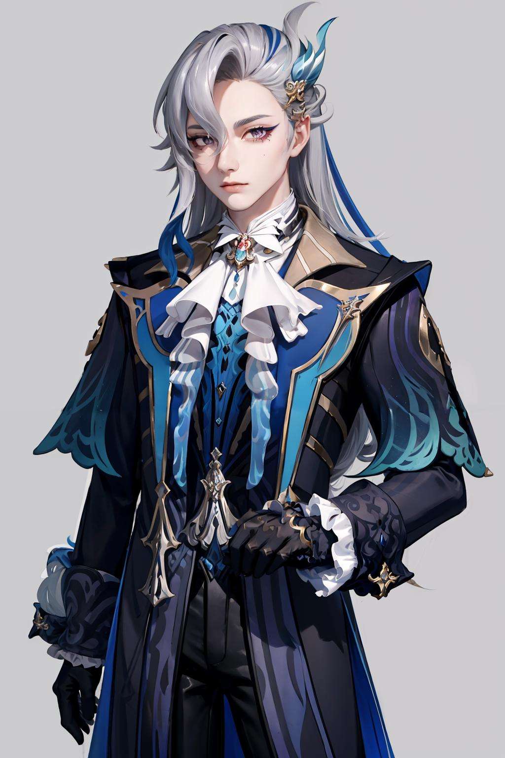 masterpiece, best quality,  <lora:Neuvillette:1>,Neuvillette, 1boy,long hair,grey hair,multicolored hair,feather hair ornament, purple eyes, jewelry,ascot,long sleeves,  shirt,gloves, black pants,grey background, 