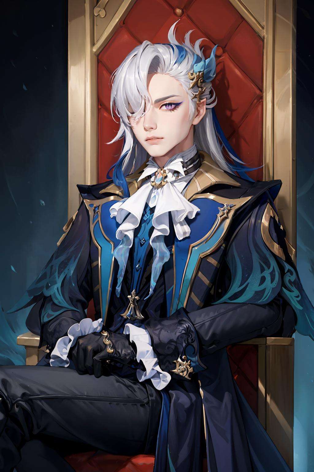 masterpiece, best quality,  <lora:Neuvillette:1>,Neuvillette, 1boy, male focus, gloves, purple eyes, solo, sitting, black gloves, long hair, crossed legs, hair over one eye, throne, looking at viewer, ascot, hair ornament, white hair, pants