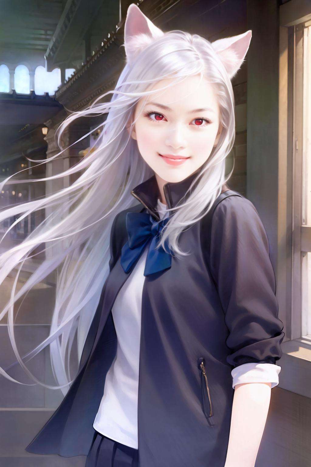 masterpiece, best quality, <lora:style16:1>,1girl,solo,animal ears, white hair,long hair,red eyes,smile,school uniform, 