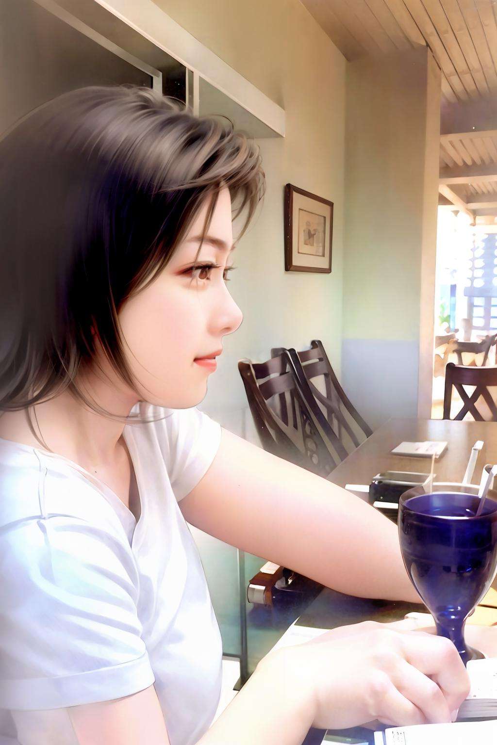 masterpiece, best quality, <lora:style16:1>,1girl, solo, brown hair, shirt, short sleeves, profile, lips, white shirt, sitting, realistic, brown eyes, from side, indoors, short hair, t-shirt, nose, chair, table, black eyes, parted lips, book, traditional media, upper body, black hair