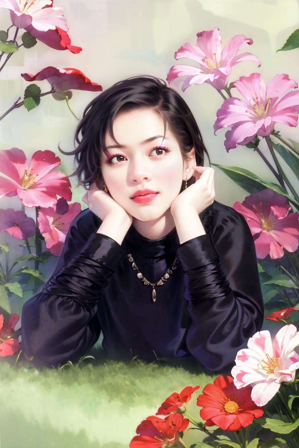 masterpiece, best quality, <lora:style16:1>,1girl, solo, jewelry, black hair, short hair, necklace, flower, lips, realistic, looking at viewer, brown eyes, black eyes, sleeves past wrists, traditional media, long sleeves, head rest, upper body, earrings, makeup, shirt, lipstick