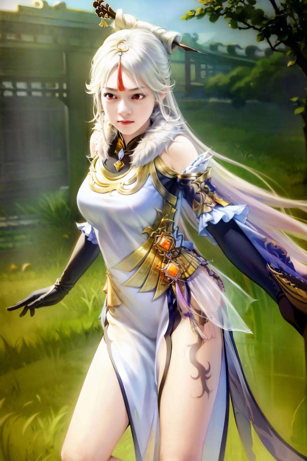 masterpiece, best quality,  <lora:style16:1>, <lora:ningguang:0.8>,1girl, ningguang (genshin impact) , long hair,white hair,hair stick,hair ornament,red eyes,jewelry, vision \(genshin impact\), chinese dress, gloves, claw ring,tassel,bare shoulders, fur collar,fur trim,detached sleeves, leg tattoo,tattoo, pelvic curtain,sidelocks, 