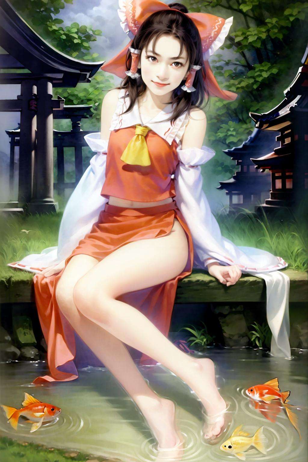 masterpiece, best quality,  <lora:style16:1>,<lora:reimu:1>, hakurei reimu, fish, 1girl, detached sleeves, bow, solo, hair bow, barefoot, sitting, hair tubes, goldfish, red bow, red eyes, black hair, brown hair, torii, brown eyes, skirt, long hair, koi, bell, skirt set, looking at viewer, kirisame marisa, bare legs, wide sleeves, ascot, short hair, ribbon, water, bare shoulders, japanese clothes, red skirt, full body, bird, stone lantern, smile, wings, lantern, hair ribbon, long sleeves, miko