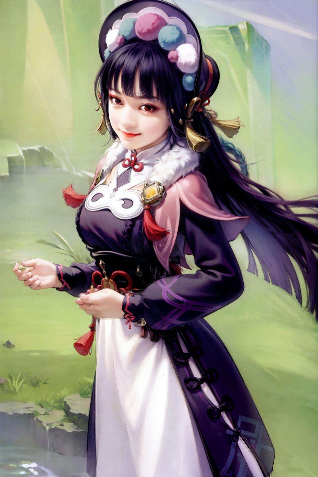 masterpiece, best quality,  <lora:style16:1>,<lora:yunjin:0.8>,1girl, solo, red eyes, bangs, pink capelet, long hair, blunt bangs, holding, dress, long sleeves, vision (genshin impact), bonnet, capelet, weapon, braid,holding weapon, tassel, holding polearm, black hair, polearm, looking at viewer, black corset, purple hair, fur trim, eyeshadow, closed mouth, hime cut, smile, corset, makeup, twin braids, standing, fur collar, red eyeshadow, purple dress, multicolored headwear