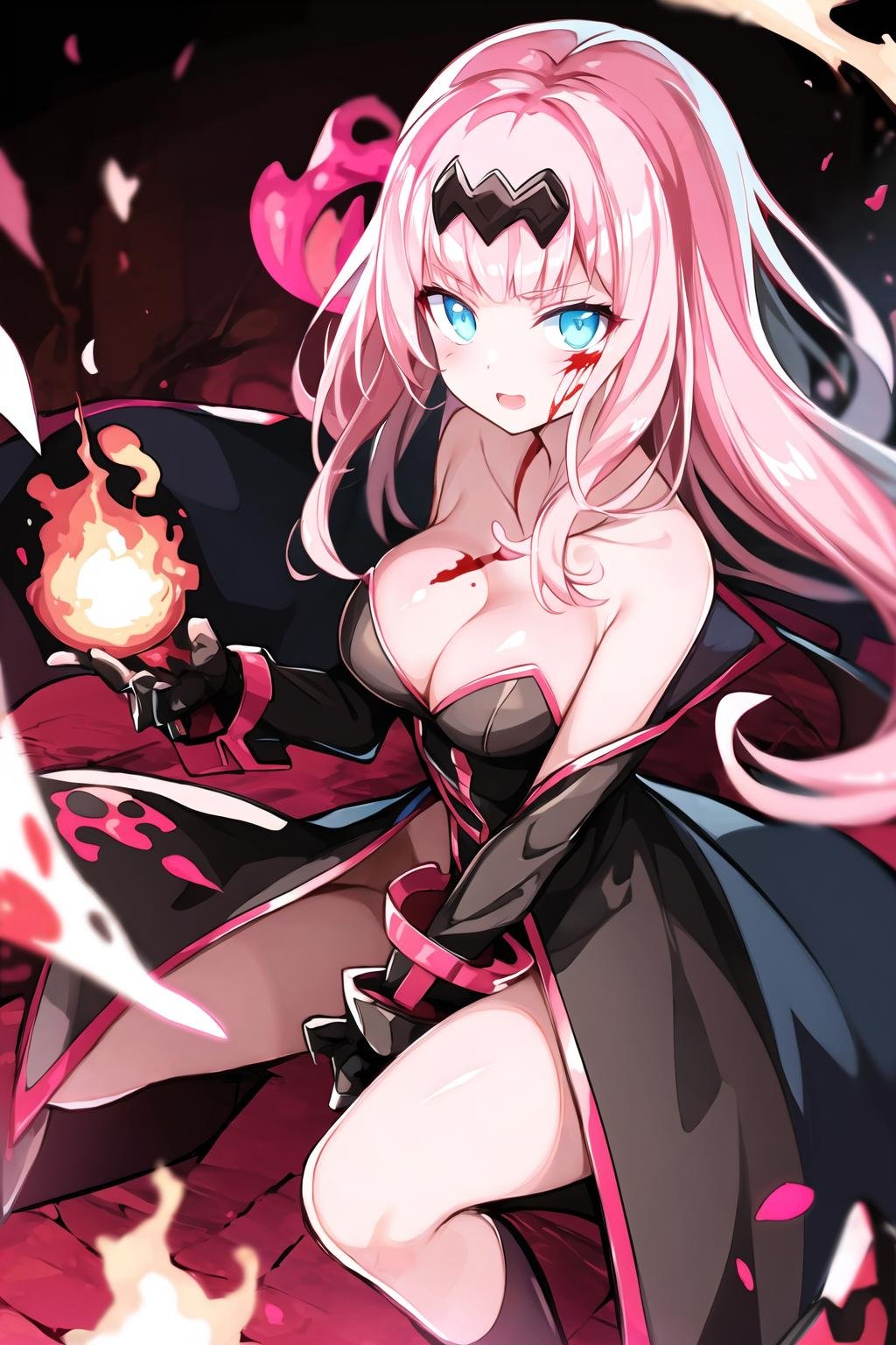 <lora:ChikaF:0.9>, <lora:BloodSkelterStyle-30:0.6>, Blood_Skelter, pink blood, glowing eyes, fire