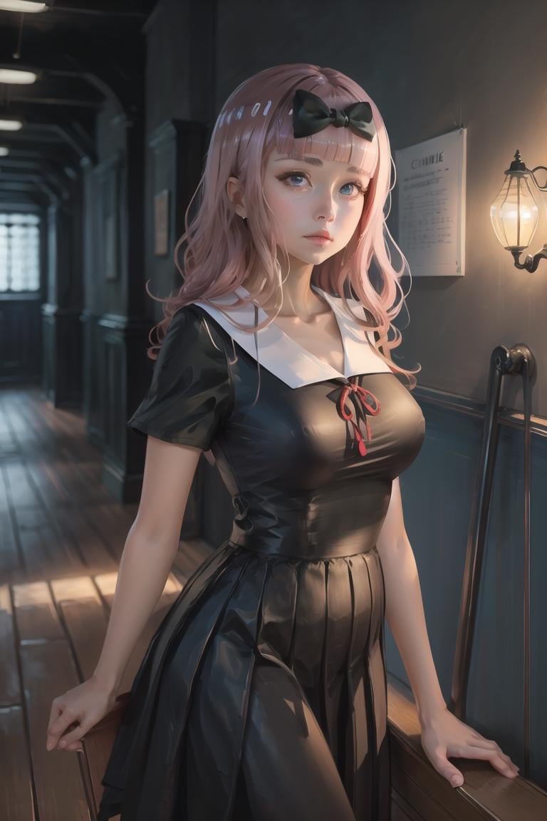 <lora:ChikaF:1>, ChikaF, black school uniform, short sleeves, Ultra-detail, (highres:1.1), best quality, (masterpiece:1.3), cinematic lighting