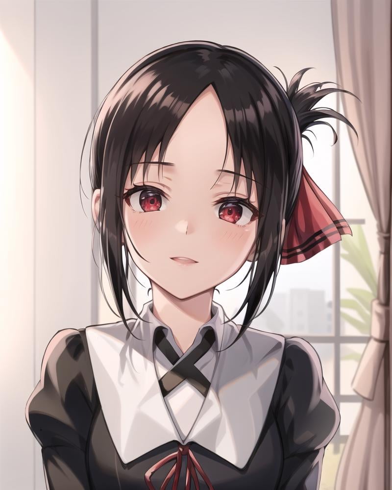 best quality,highly detailed,masterpiece,ultra-detailed,solo,1girl,white background,delicate eyes,shuuchiin_academy_uniform, shinomiya_kaguya, red_ribbon,black_hair,folded_ponytail, hair_ribbon,deep red eyess,bangs,black_dress,eyebrows_visible_through_hair, sidelocks,bare forehead,