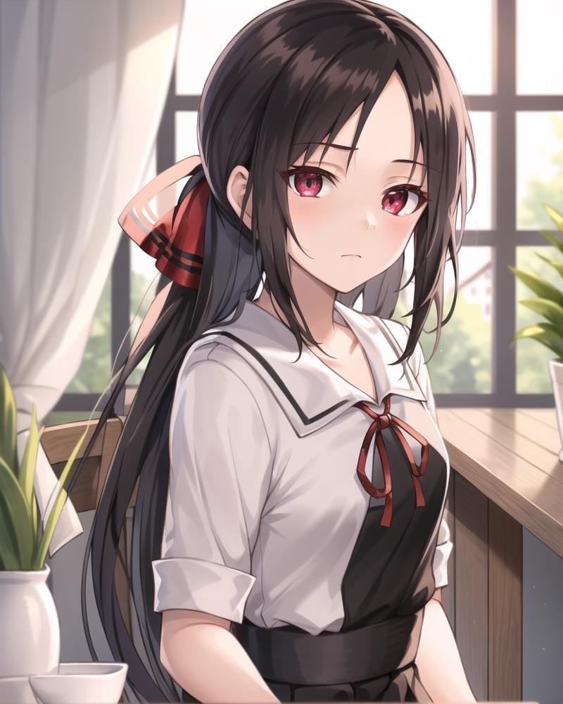 best quality,highly detailed,masterpiece,ultra-detailed,solo,1girl,white background,delicate eyes,shuuchiin_academy_uniform, shinomiya_kaguya, red_ribbon,black_hair,folded_ponytail, hair_ribbon,deep red eyess,bangs,black_dress,eyebrows_visible_through_hair, sidelocks,bare forehead,expressionless, sitting, caustics, 