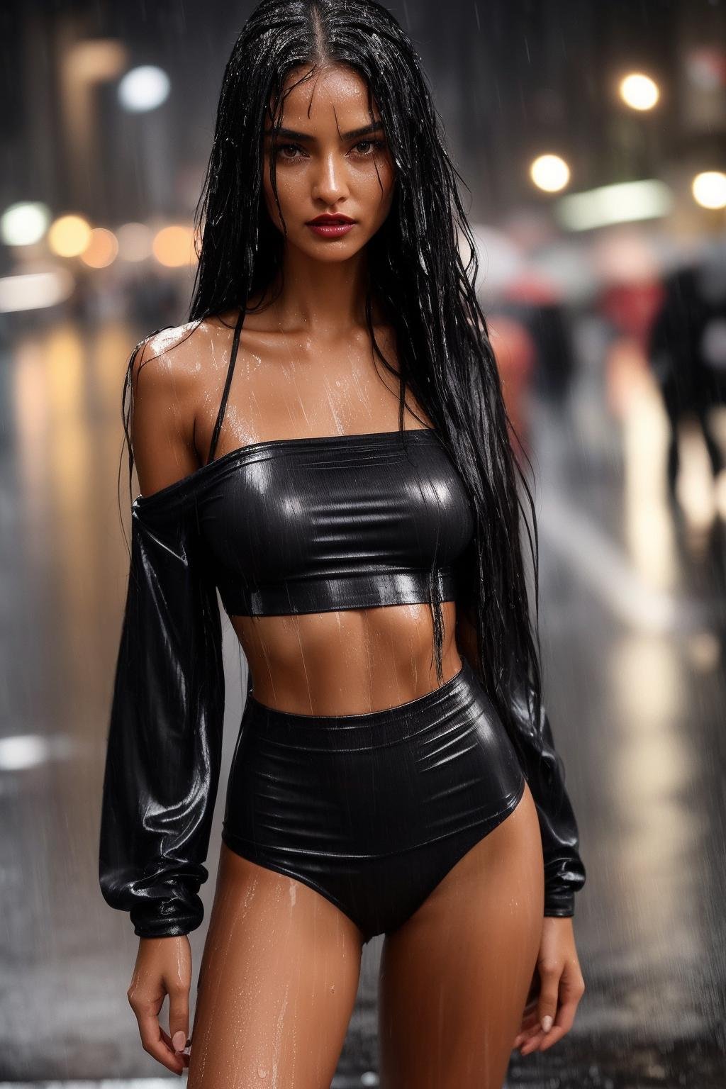 “A close-up shot of a  tanned girl with very long legs, long black hair, skinny body, narrow waist, (abs:0.7), in public at a German City ((at night in the pouring rain)) with spandex leggings and crop top (smokey dark eyes and lipstick ) with a pensive expression, wearing a dark, off-the-shoulder dress and a single, statement piece of jewelry, The background should be out of focus and feature soft, warm tones” (soaking wet) (wet hair, wet body, wet clothes)