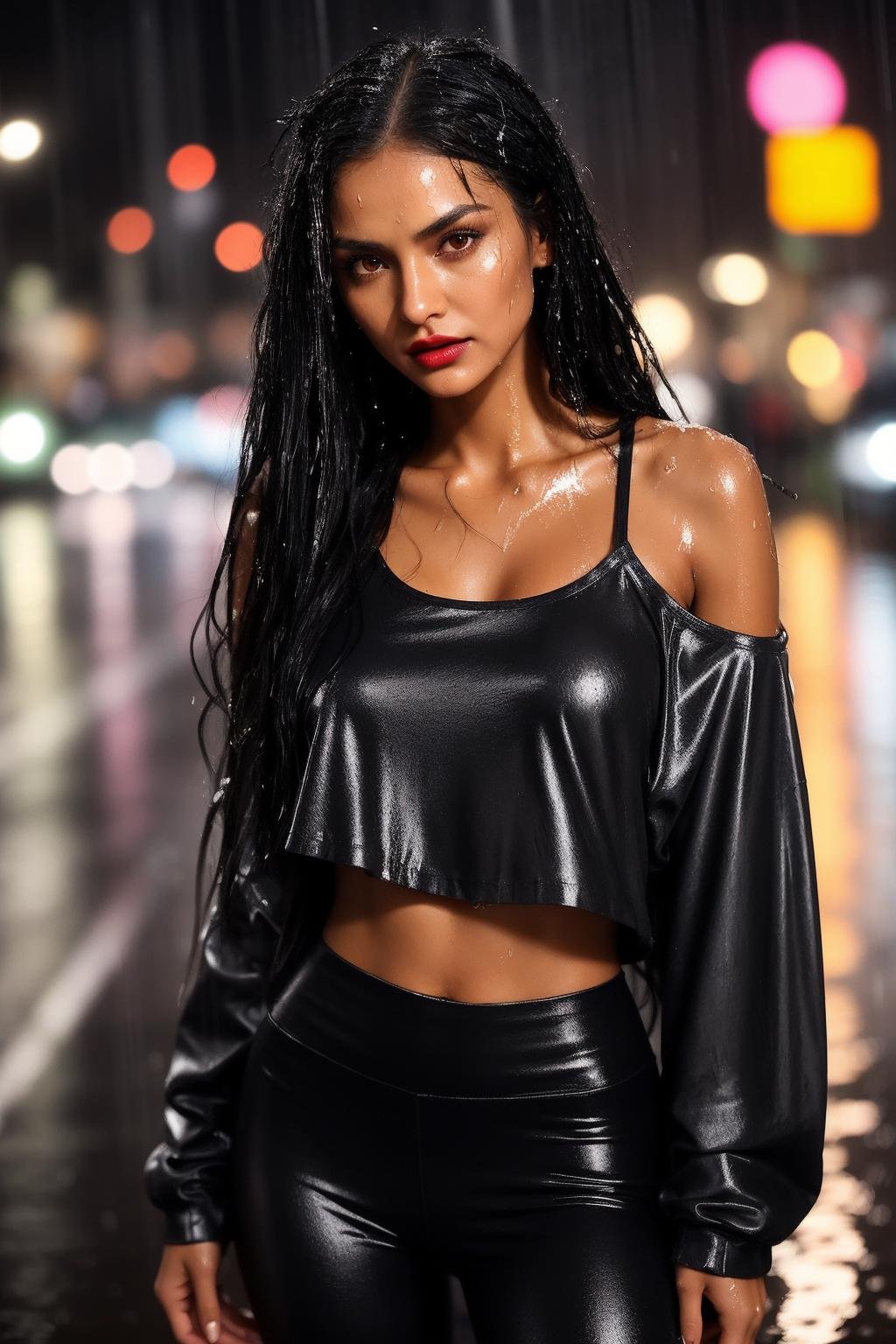 “A close-up shot of a  tanned girl with very long legs, long black hair, skinny body, narrow waist, (abs:0.7), in public at a German City ((at night in the pouring rain)) with spandex leggings and crop top (smokey dark eyes and lipstick ) with a pensive expression, wearing a dark, off-the-shoulder dress and a single, statement piece of jewelry, The background should be out of focus and feature soft, warm tones” (soaking wet) (wet hair, wet body, wet clothes)