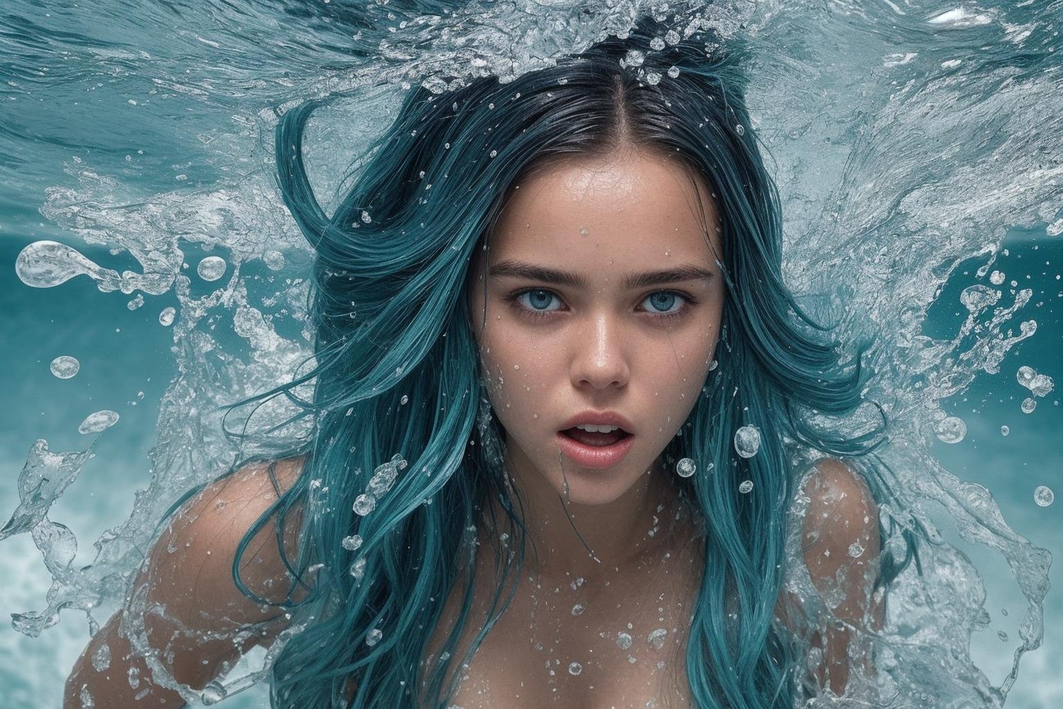 Cinematic action shot (diagonal closeup portrait of Isabelle Mathers has cyan eyes, half face is underwater, screaming, turquoise ocean, bubbles) photo by Martin Schoeller, 35mm, F/2.8, insanely detailed and intricate, character, hypermaximalist, elegant, ornate, beautiful, exotic, revealing, appealing, attractive, amative, hyper realistic, super detailed, (WET) Explosion