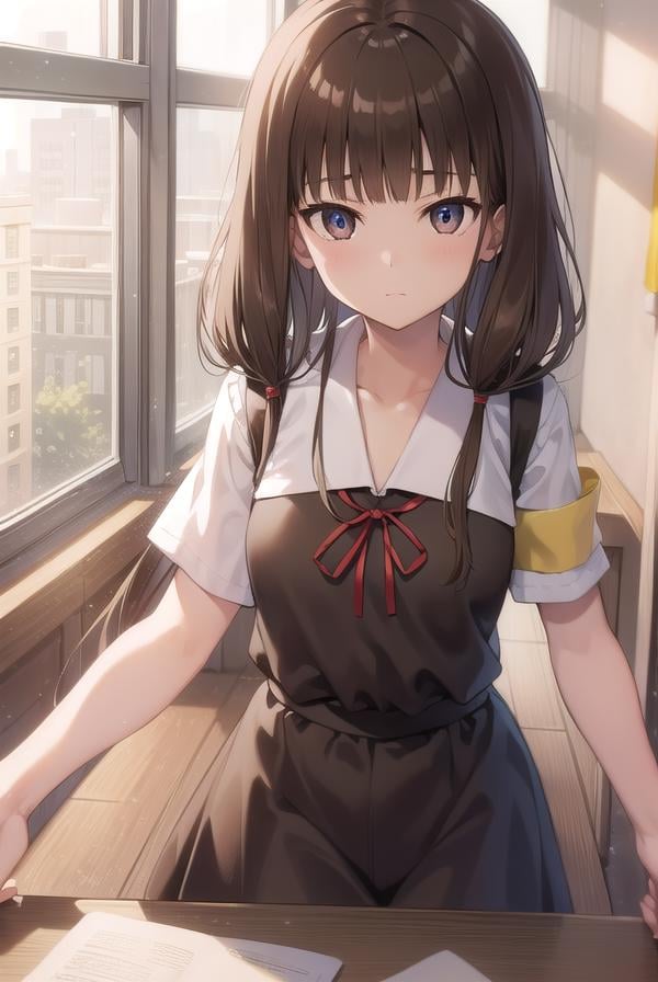 mikoiino, <lora:mikoiinotest:1>,miko iino, blunt bangs, (brown eyes:1.5), brown hair, hair tie, long hair, low twintails, red ribbon, ribbon, twintails, (small breast:1.2),BREAK black dress, dress, pinafore dress, school uniform, shirt, short sleeves, shuuchiin academy school uniform, white shirt, armband,BREAK looking at viewer,BREAK indoors, classroom,BREAK <lora:GoodHands-vanilla:1>, (masterpiece:1.2), best quality, high resolution, unity 8k wallpaper, (illustration:0.8), (beautiful detailed eyes:1.6), extremely detailed face, perfect lighting, extremely detailed CG, (perfect hands, perfect anatomy),