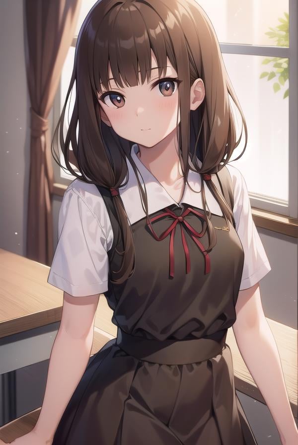 mikoiino, <lora:mikoiinotest:1>,miko iino, blunt bangs, (brown eyes:1.5), brown hair, hair tie, long hair, low twintails, red ribbon, ribbon, twintails, (small breast:1.2),BREAK black dress, dress, pinafore dress, school uniform, shirt, short sleeves, shuuchiin academy school uniform, white shirt, armband,BREAK looking at viewer,BREAK indoors, classroom,BREAK <lora:GoodHands-vanilla:1>, (masterpiece:1.2), best quality, high resolution, unity 8k wallpaper, (illustration:0.8), (beautiful detailed eyes:1.6), extremely detailed face, perfect lighting, extremely detailed CG, (perfect hands, perfect anatomy),