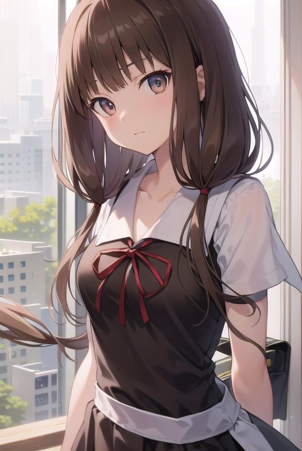 mikoiino, <lora:mikoiinotest:1>,miko iino, blunt bangs, (brown eyes:1.5), brown hair, hair tie, long hair, low twintails, red ribbon, ribbon, twintails, (small breast:1.2),BREAK black dress, dress, pinafore dress, school uniform, shirt, short sleeves, shuuchiin academy school uniform, white shirt, armband,BREAK looking at viewer,BREAK indoors, classroom,BREAK <lora:GoodHands-vanilla:1>, (masterpiece:1.2), best quality, high resolution, unity 8k wallpaper, (illustration:0.8), (beautiful detailed eyes:1.6), extremely detailed face, perfect lighting, extremely detailed CG, (perfect hands, perfect anatomy),