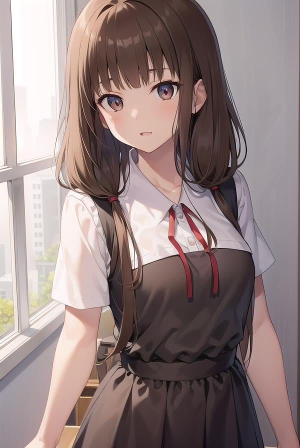 mikoiino, <lora:mikoiinotest:1>,miko iino, blunt bangs, (brown eyes:1.5), brown hair, hair tie, long hair, low twintails, red ribbon, ribbon, twintails, (small breast:1.2),BREAK black dress, dress, pinafore dress, school uniform, shirt, short sleeves, shuuchiin academy school uniform, white shirt, armband,BREAK looking at viewer,BREAK indoors, classroom,BREAK <lora:GoodHands-vanilla:1>, (masterpiece:1.2), best quality, high resolution, unity 8k wallpaper, (illustration:0.8), (beautiful detailed eyes:1.6), extremely detailed face, perfect lighting, extremely detailed CG, (perfect hands, perfect anatomy),