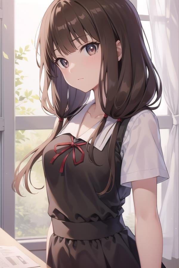 mikoiino, <lora:mikoiinotest:1>,miko iino, blunt bangs, (brown eyes:1.5), brown hair, hair tie, long hair, low twintails, red ribbon, ribbon, twintails, (small breast:1.2),BREAK black dress, dress, pinafore dress, school uniform, shirt, short sleeves, shuuchiin academy school uniform, white shirt, armband,BREAK looking at viewer,BREAK indoors, classroom,BREAK <lora:GoodHands-vanilla:1>, (masterpiece:1.2), best quality, high resolution, unity 8k wallpaper, (illustration:0.8), (beautiful detailed eyes:1.6), extremely detailed face, perfect lighting, extremely detailed CG, (perfect hands, perfect anatomy),