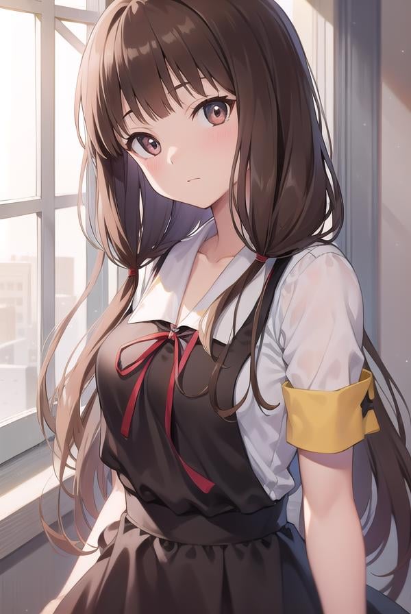 mikoiino, <lora:mikoiinotest:1>,miko iino, blunt bangs, (brown eyes:1.5), brown hair, hair tie, long hair, low twintails, red ribbon, ribbon, twintails, (small breast:1.2),BREAK black dress, dress, pinafore dress, school uniform, shirt, short sleeves, shuuchiin academy school uniform, white shirt, armband,BREAK looking at viewer,BREAK indoors, classroom,BREAK <lora:GoodHands-vanilla:1>, (masterpiece:1.2), best quality, high resolution, unity 8k wallpaper, (illustration:0.8), (beautiful detailed eyes:1.6), extremely detailed face, perfect lighting, extremely detailed CG, (perfect hands, perfect anatomy),