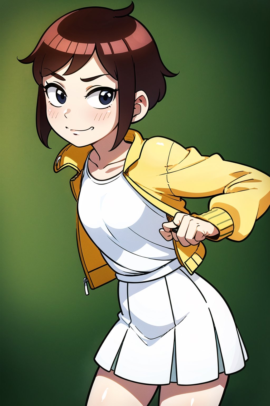 1girl, (wearing a yellow jacket with a white shirt), white skirt, looking at the camera,cartoon fanart style