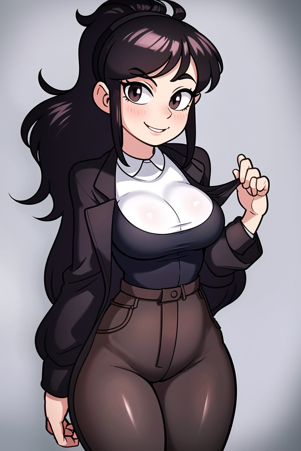  cartoon fanart style, 1girl, solo, black hair, holding, shirt, coat, white shirt, hair bun, hat, smile, breasts, makeup, single hair bun, cowboy shot, pants, bangs, long sleeves, shirt tucked in, lipstick, black eyes, skirt, open coat, red lips, collared shirt, open clothes, blunt bangs, trench coat, black headwear