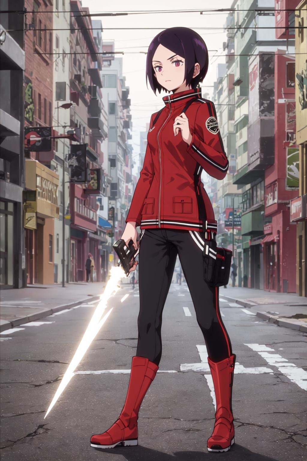 (best quality,masterpiece:1.3),1girl<lora:Kitora2-000030:0.9>kitora ai, short hair, forehead, red jacket, black pants, red footwear,boots<lyco:GoodHands-beta2:1>, holding weapon