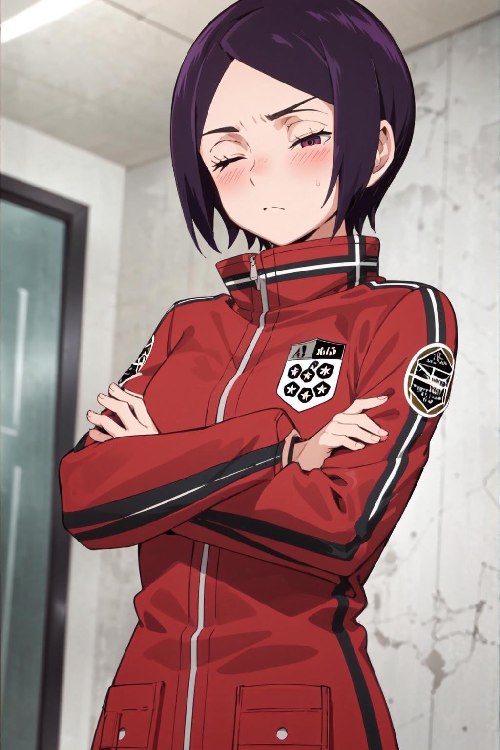 (best quality,masterpiece:1.3),1girl<lora:Kitora2-000030:0.9>kitora ai, short hair, forehead, red jacket, upper body, crossed arms, blush, one eye closed