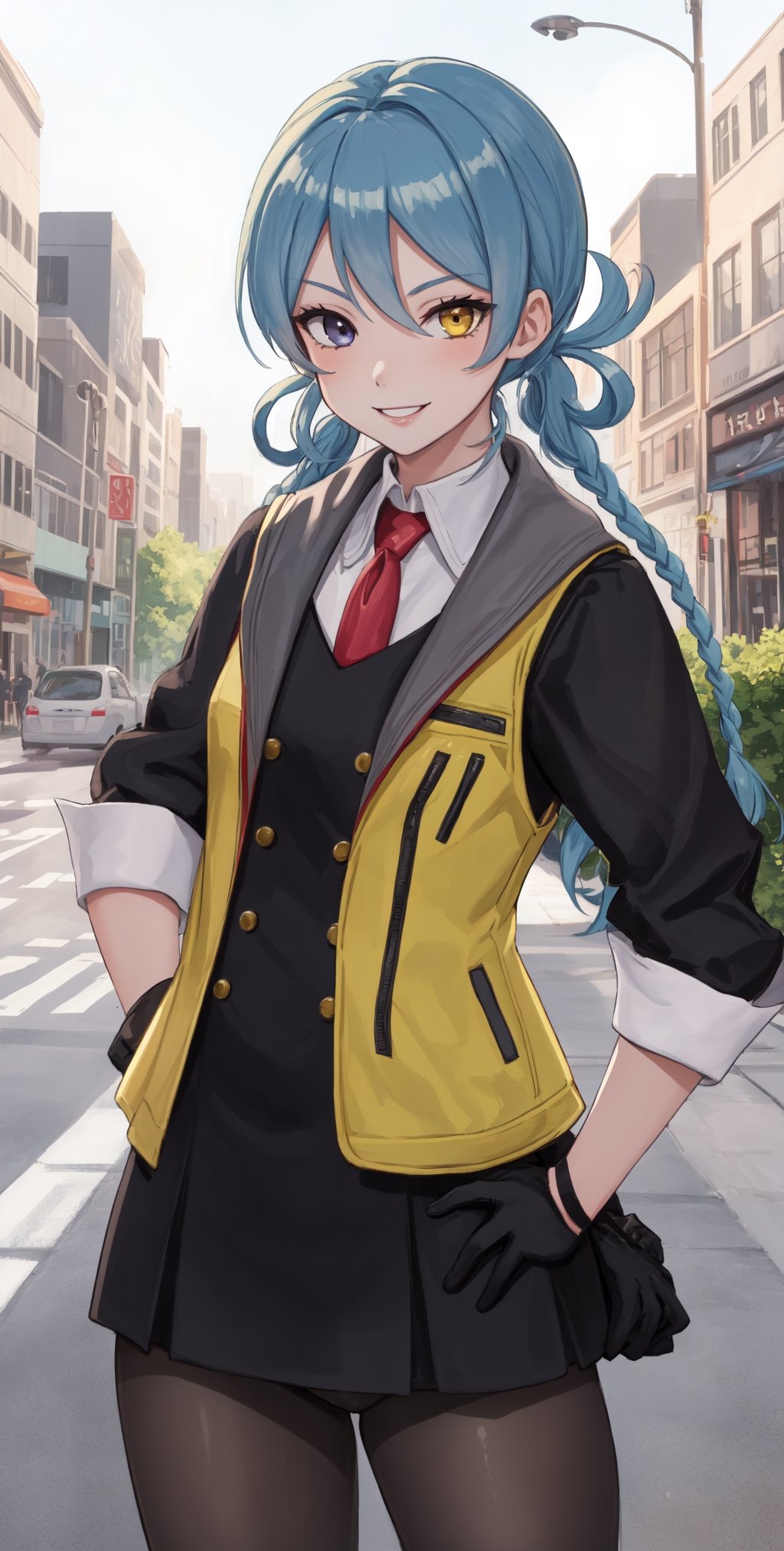 masterpiece, best quality, mizuki, twin braids, heterochromia, yellow vest, gloves, red necktie, black dress, pantyhose, upper body, looking at viewer, furrowed brow, smile, hands to hips, city street ,mizuki