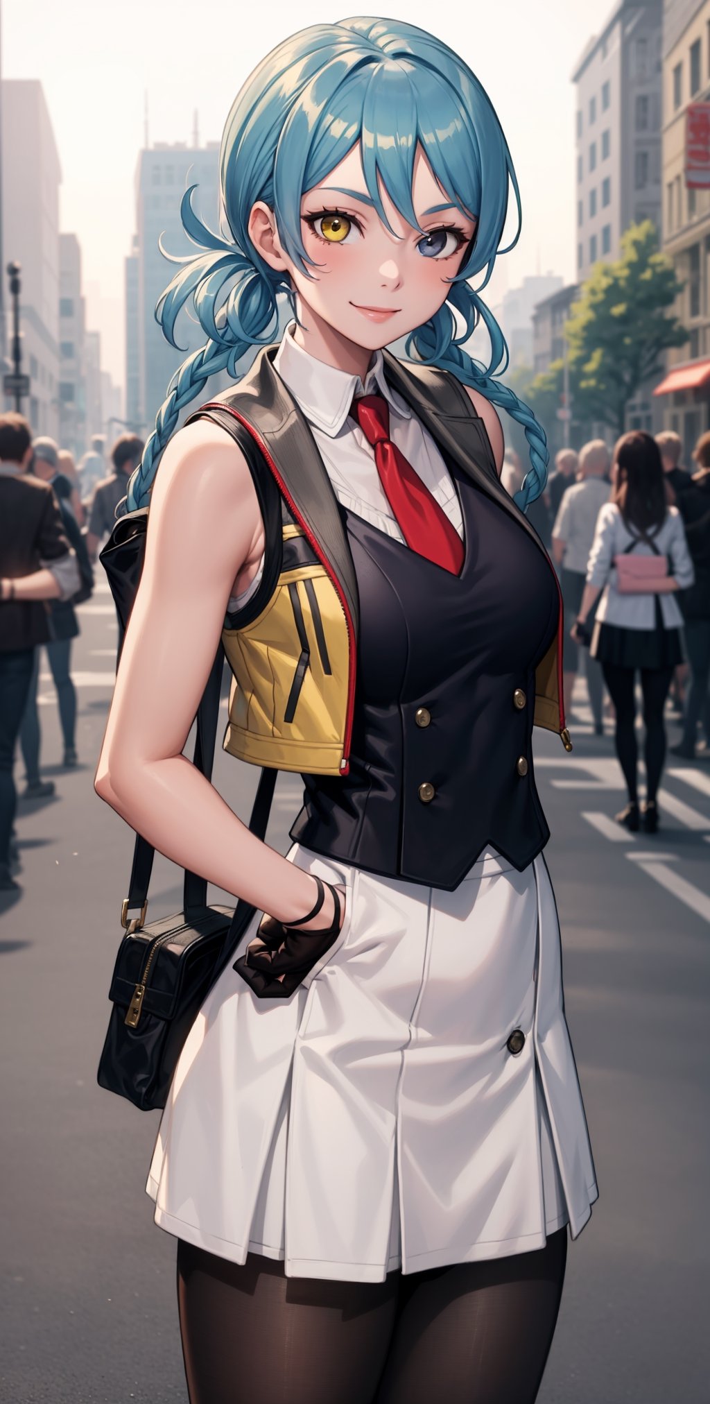 masterpiece, best quality, mizuki, twin braids, heterochromia, yellow vest, gloves, red necktie, black dress, pantyhose, upper body, looking at viewer, furrowed brow, smile, hands to hips, city street ,mizuki