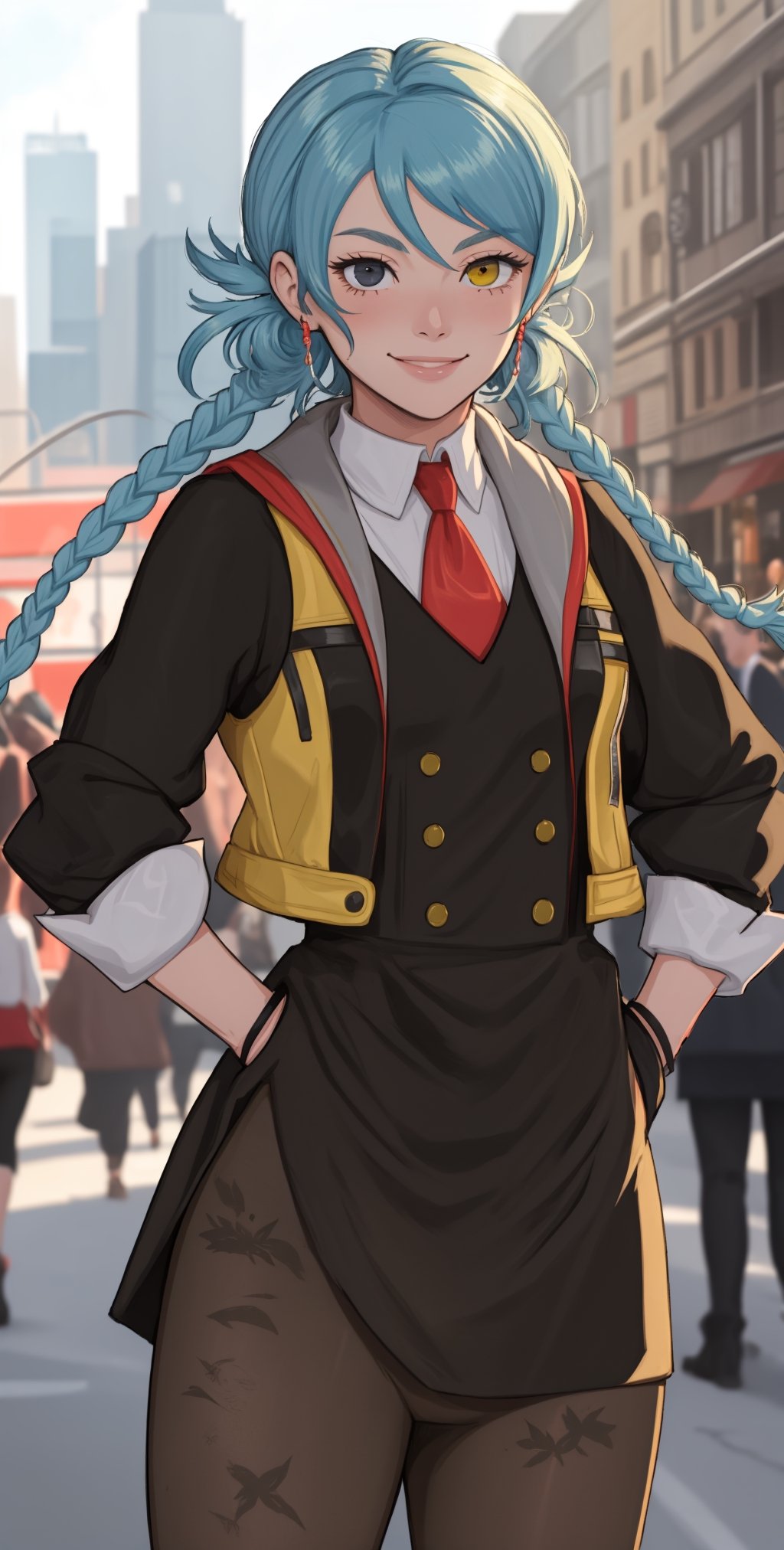 masterpiece, best quality, mizuki, twin braids, heterochromia, yellow vest, gloves, red necktie, black dress, pantyhose, upper body, looking at viewer, furrowed brow, smile, hands to hips, city street ,mizuki