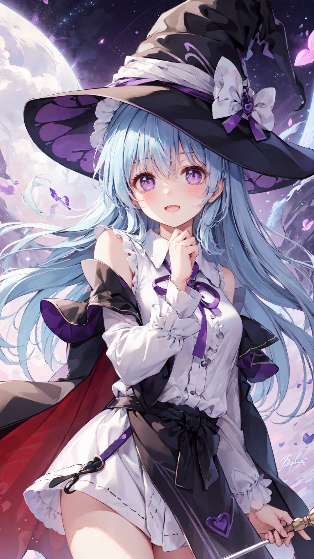 1girl, solo, hat, witch hat, elaina \(majo no tabitabi\), long hair, black headwear, looking at viewer, holding, shirt, purple eyes, heart, open mouth, wand, hair between eyes, bangs, upper body, robe, white shirt, black robe, star \(symbol\), bow, off shoulder, collared shirt, long sleeves, holding wand, open robe, sleeveless shirt, signature, bare shoulders
,