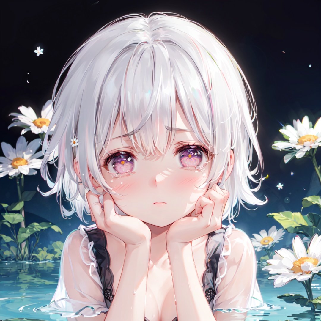 best quality, (chromatic aberration), (beautiful young female:1.4), (streaming tears), sad, (daisy), (daisy), (daisy), looking at viewer, partially submerged, both hands on own cheek, {see-through long shirt},,{no bra} , (white hair, short hair, bangs:1.2), (glowing eyes), ripples, dark water, black background, (prismatic),