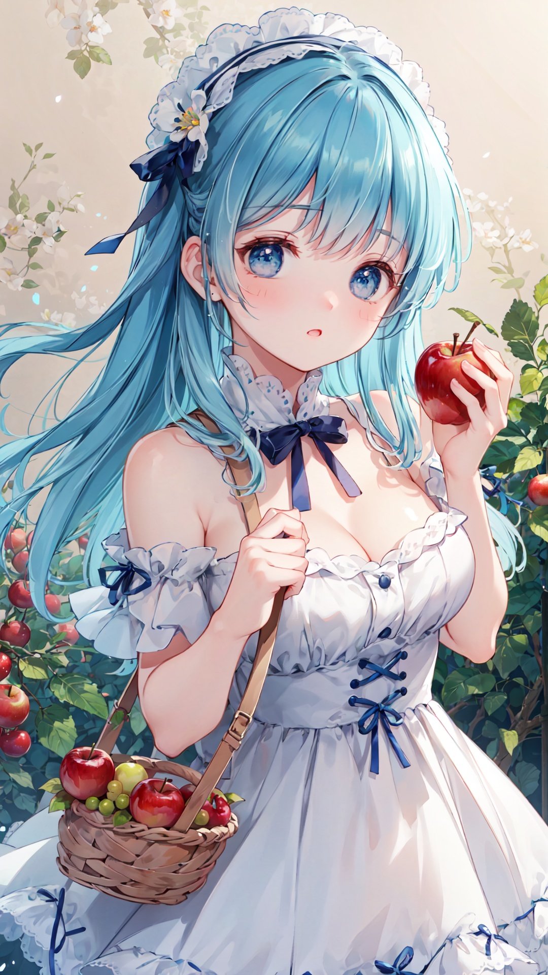 finely detail, Depth of field,(((masterpiece))),((extremely detailed CG unity 8k wallpaper)),best quality, high resolution illustration,Amazing,highres,intricate detail,(best illumination, best shadow, an extremely delicate and beautiful), 

food,1girl,fruit,apple,basket,holding_food,solo,long_hair,ribbon,holding,blue_flower,blue_ribbon,white_dress,holding_fruit,dress,red_apple,grapes,hair_ribbon,blue_eyes,bare_shoulders,looking_at_viewer,flower,holding_basket,