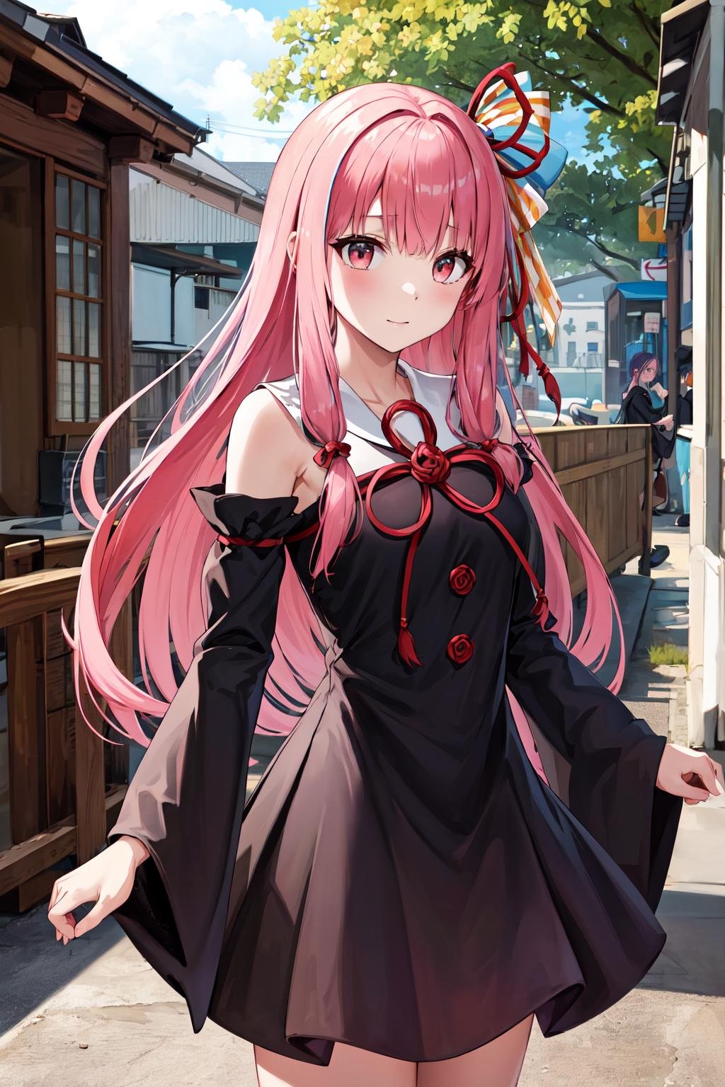 masterpiece, best quality, highres, ka1, pink hair, hair ribbon, black dress, detached sleeves, <lora:kotonoha_akane_v1:0.7>, outdoors, standing, cowboy shot,