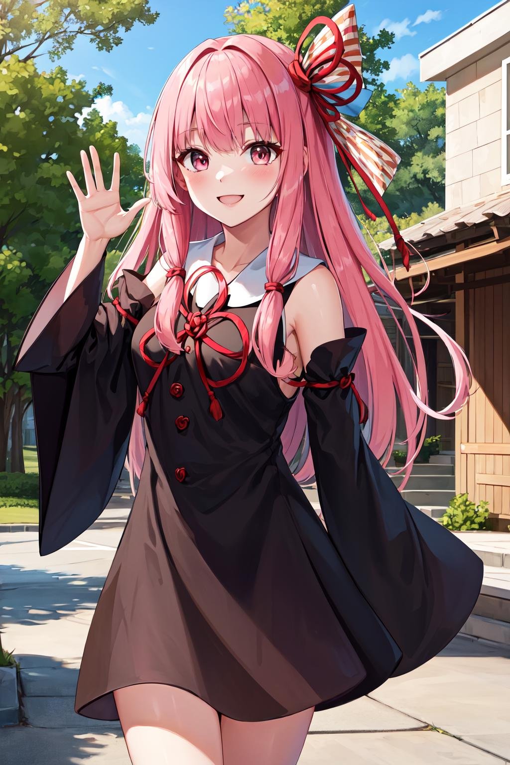 masterpiece, best quality, highres, ka1, pink hair, hair ribbon, black dress, detached sleeves, <lora:kotonoha_akane_v1:0.7>, outdoors, smile, waving,