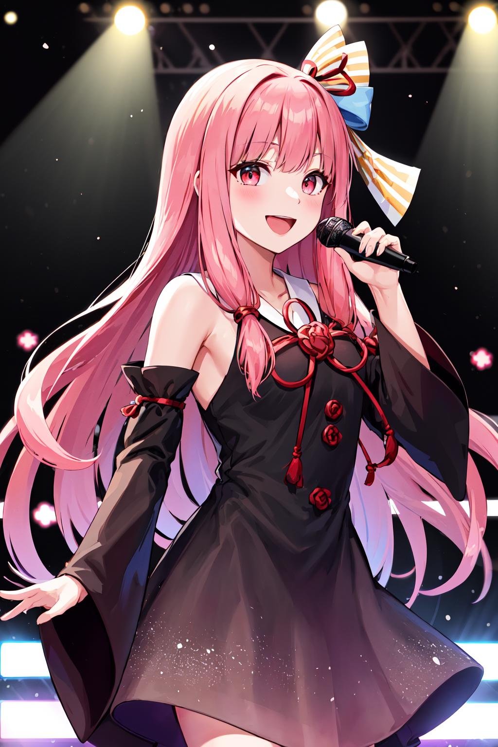 mmasterpiece, best quality, highres, ka1, pink hair, hair ribbon, black dress, detached sleeves, <lora:kotonoha_akane_v1:0.7>, stage, cowboy shot, holding microphone, singing, smile, waving