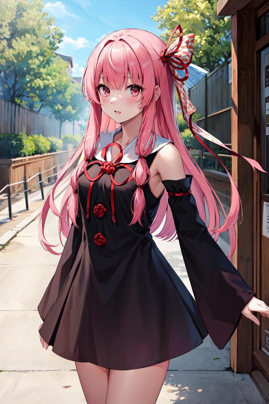 masterpiece, best quality, highres, ka1, pink hair, hair ribbon, black dress, detached sleeves, <lora:kotonoha_akane_v1:0.7>, outdoors, standing, cowboy shot,