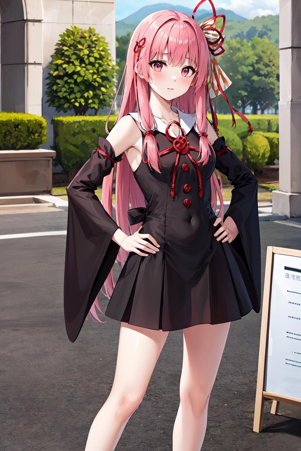 masterpiece, best quality, highres, ka1, pink hair, hair ribbon, black dress, detached sleeves, <lora:kotonoha_akane_v1:0.7>, outdoors, standing, hand on hip,