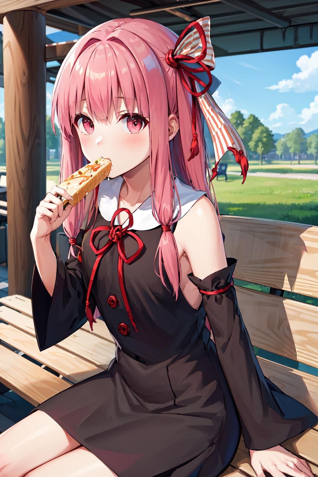 masterpiece, best quality, highres, ka1, pink hair, hair ribbon, black dress, detached sleeves, <lora:kotonoha_akane_v1:0.7>, outdoors, sitting, bench, eating, food,