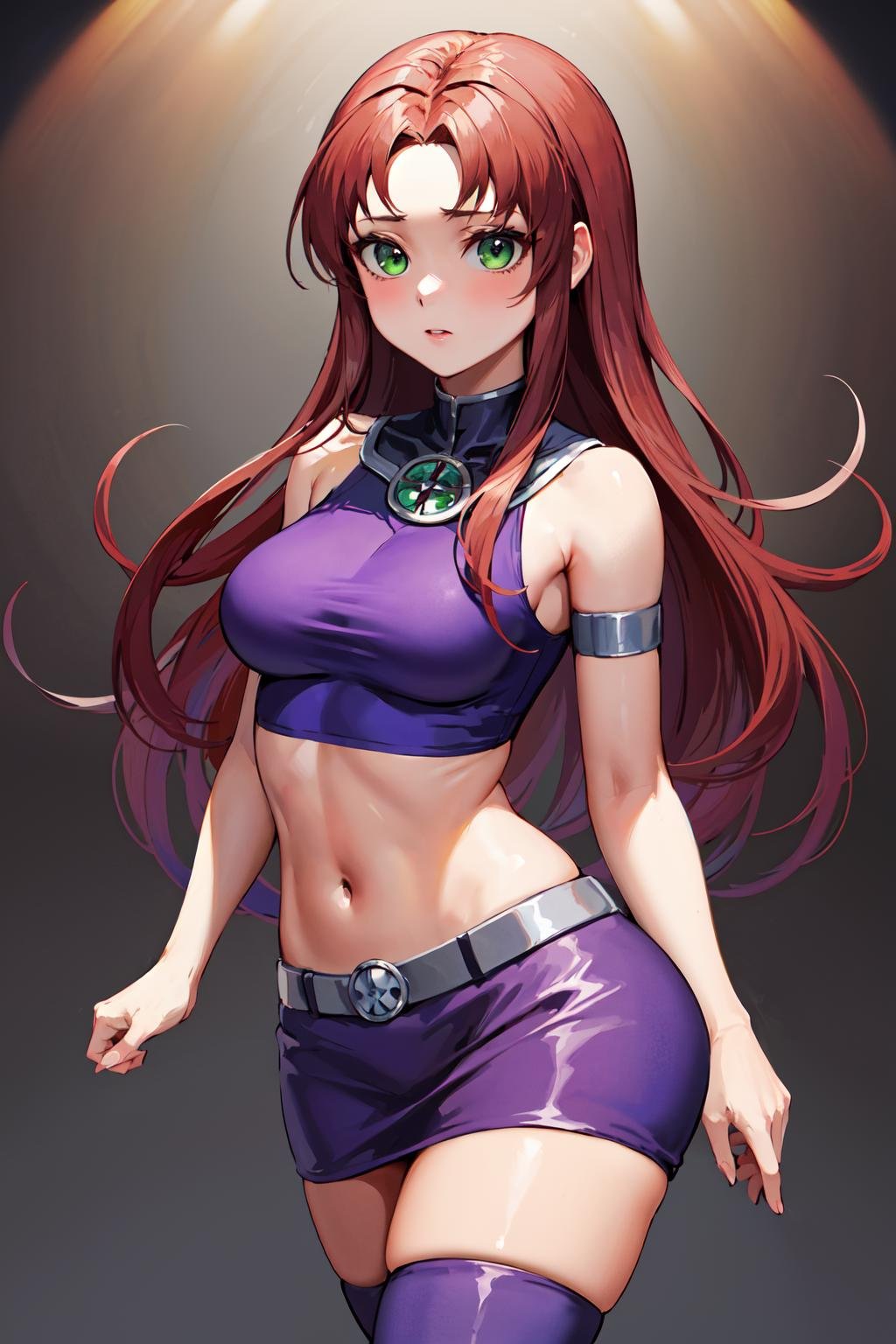 masterpiece, best quality, highres, sf1, midriff, purple skirt, crop top, purple thighhighs, bare shoulders, medium breasts, belt, <lora:starfire_v1:0.6>, cowboy shot, standing, 