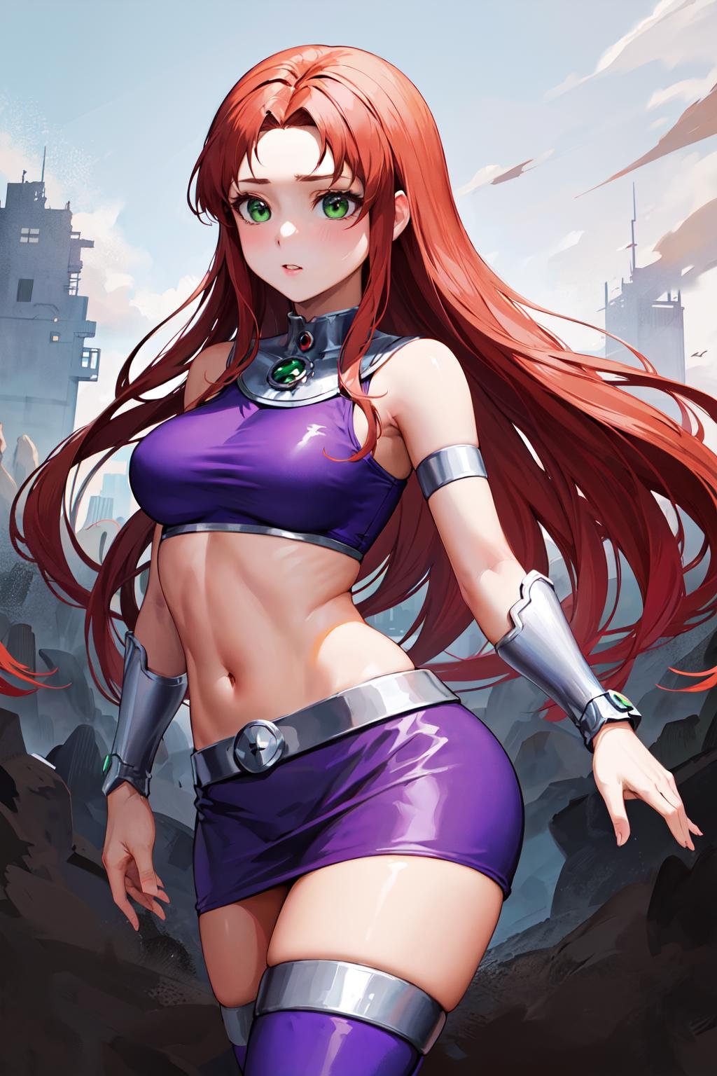 masterpiece, best quality, highres, sf1, midriff, purple skirt, crop top, purple thighhighs, bare shoulders, medium breasts, belt, <lora:starfire_v1:0.6>, cowboy shot, standing, 