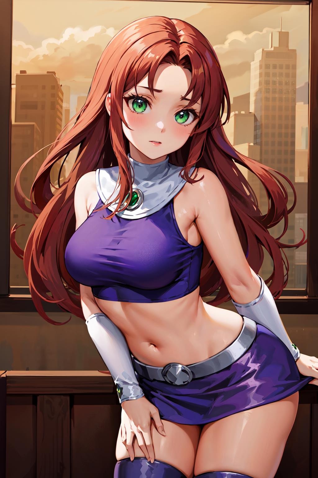 masterpiece, best quality, highres, sf1, midriff, purple skirt, crop top, purple thighhighs, bare shoulders, medium breasts, belt, <lora:starfire_v1:0.6>, cowboy shot, leaning forward, 