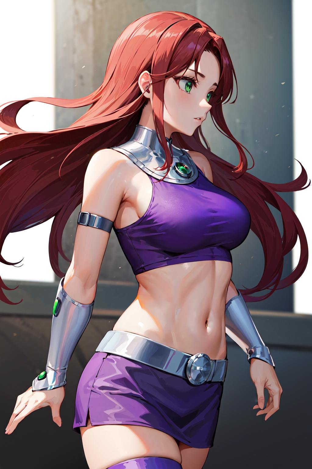 masterpiece, best quality, highres, sf1, midriff, purple skirt, crop top, purple thighhighs, bare shoulders, belt, <lora:starfire_v1:0.6>, from side, 